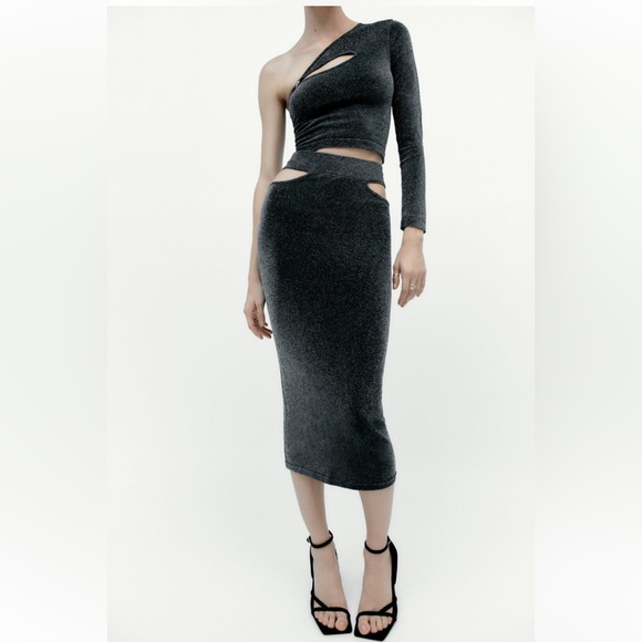 NWT ZARA CUT OUT SKIRT WITH METALLIC THREAD BLACK/SILVER SIZE M-L NWT - Picture 4 of 8